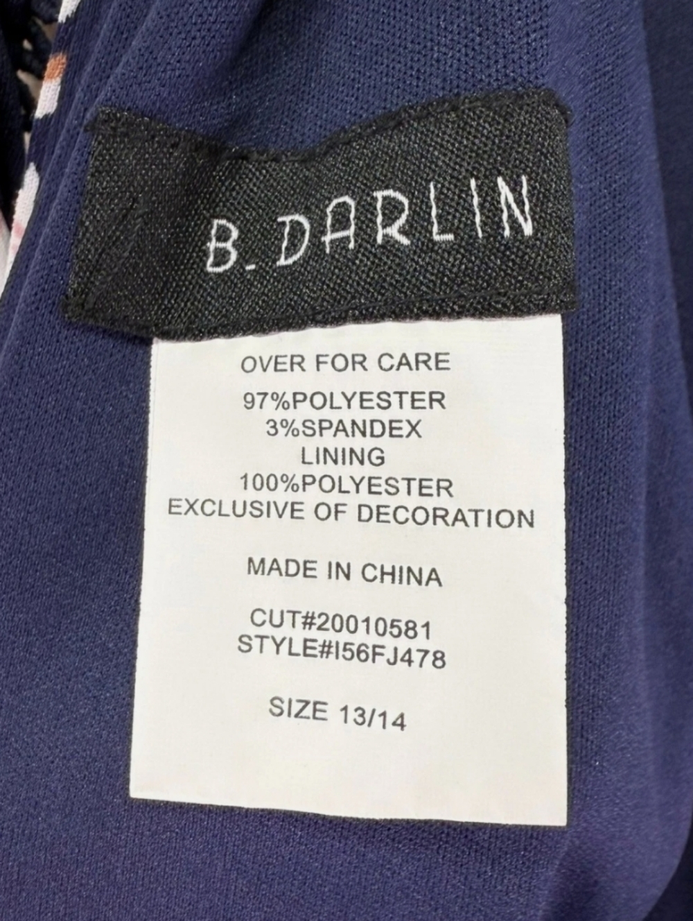 B. Darlin Junior's Printed Mock Neck Crochet Trim Fit & Flare Dress Navy 13/14 - Picture 4 of 4